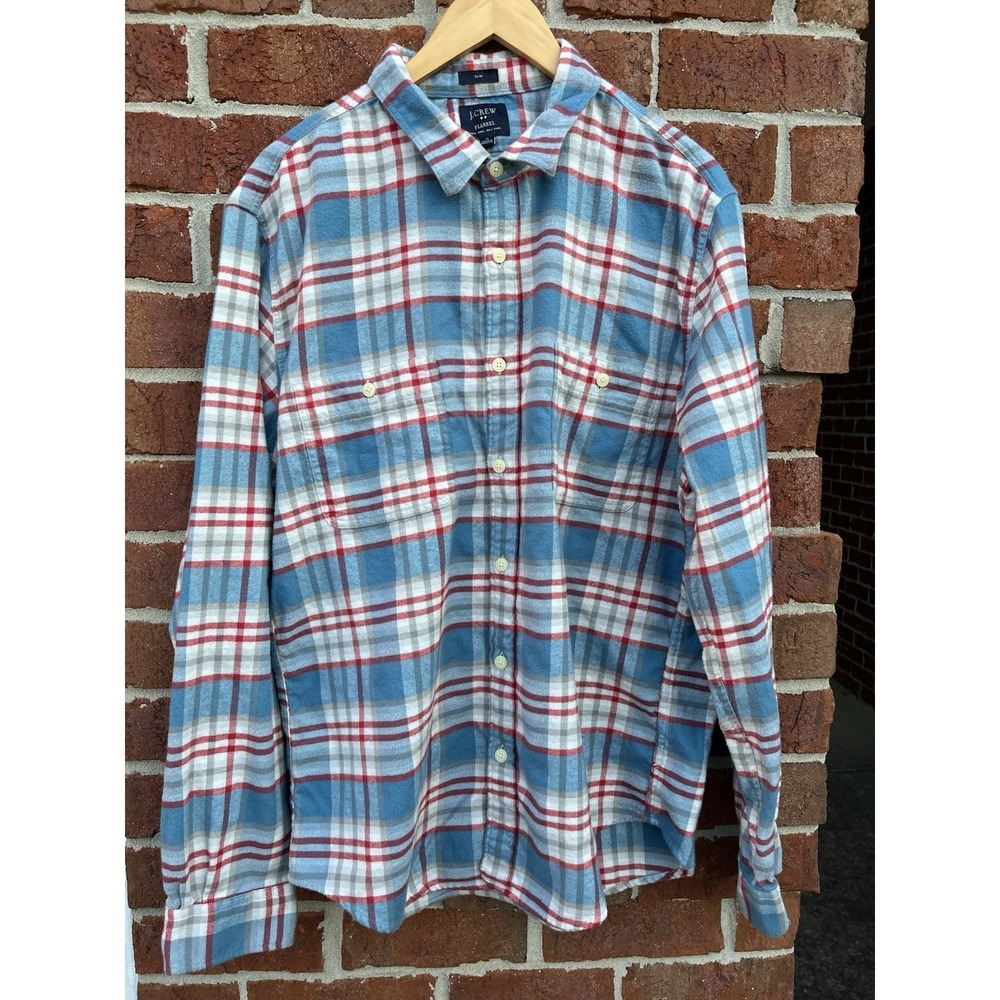 J Crew Men's XL Slim Flannel Shirt Blue Red Plaid Long Sleeve Button-Up